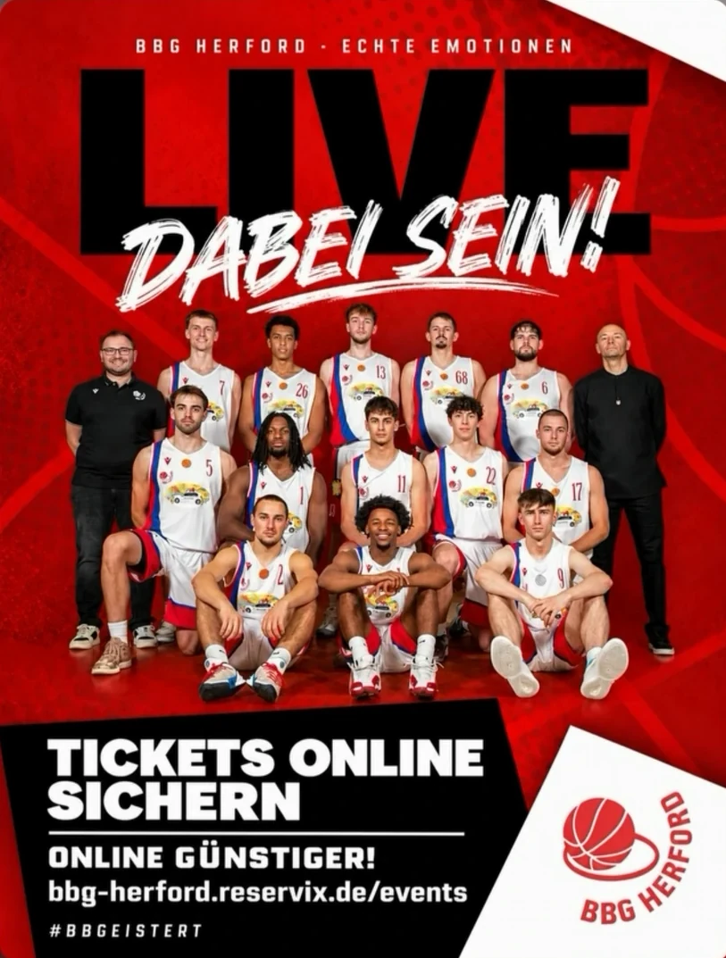 Original-Beitrag BBG Herford: Mannschaftsfoto in weißen Trikots, „BBG Herford – echte Emotionen“, Headline „LIVE dabei sein!“, Hinweis „Tickets online sichern – online günstiger! bbg-herford.reservix.de/events“, #BBGEISTERT, BBG-Herford-Logo