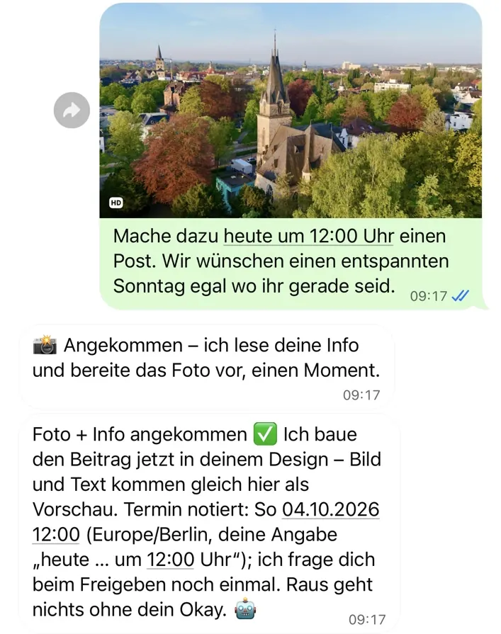 Chat-Ausschnitt: Foto der Kirche wird gesendet mit dem Satz „Mache dazu heute um 12:00 Uhr einen Post …“, Robbie bestätigt und notiert den Termin.