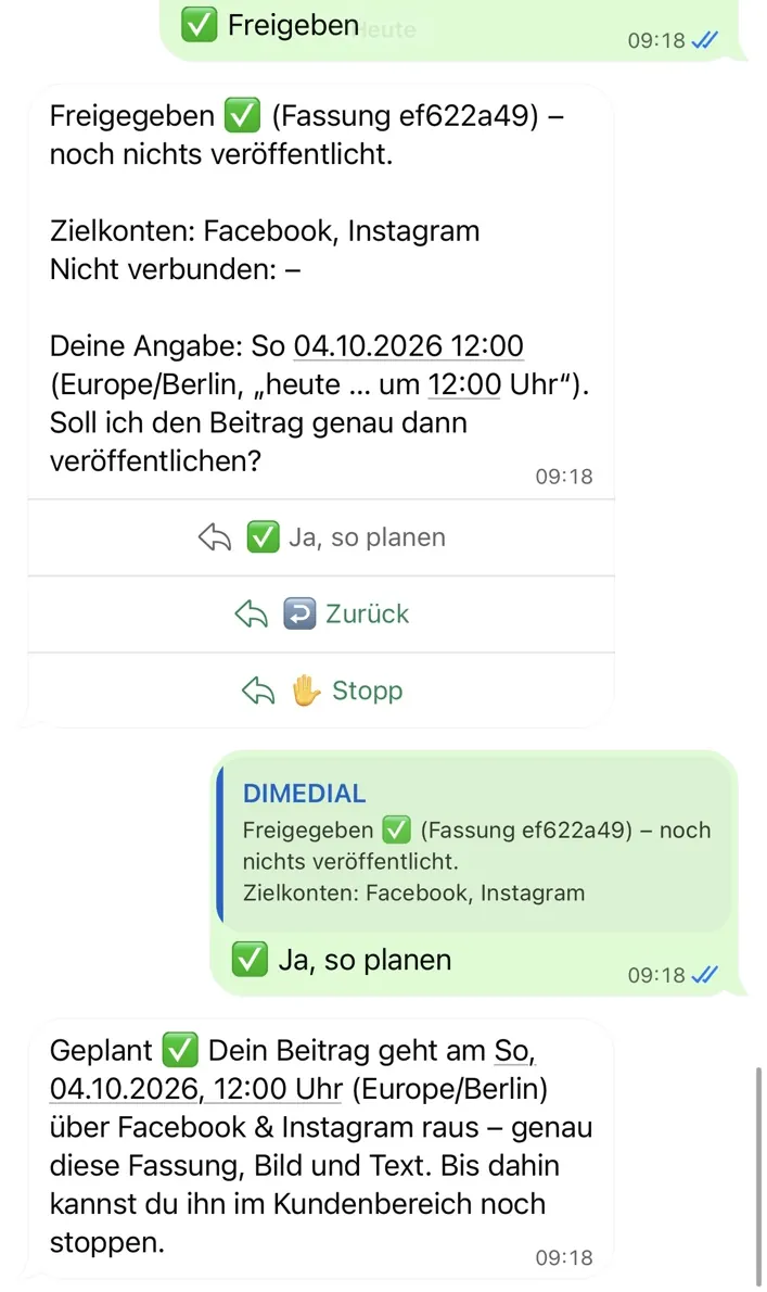 Chat-Ausschnitt: Rückfrage zum Zeitpunkt, Antwort „Ja, so planen“ und Bestätigung „Geplant – dein Beitrag geht am So, 04.10.2026, 12:00 Uhr über Facebook & Instagram raus“.