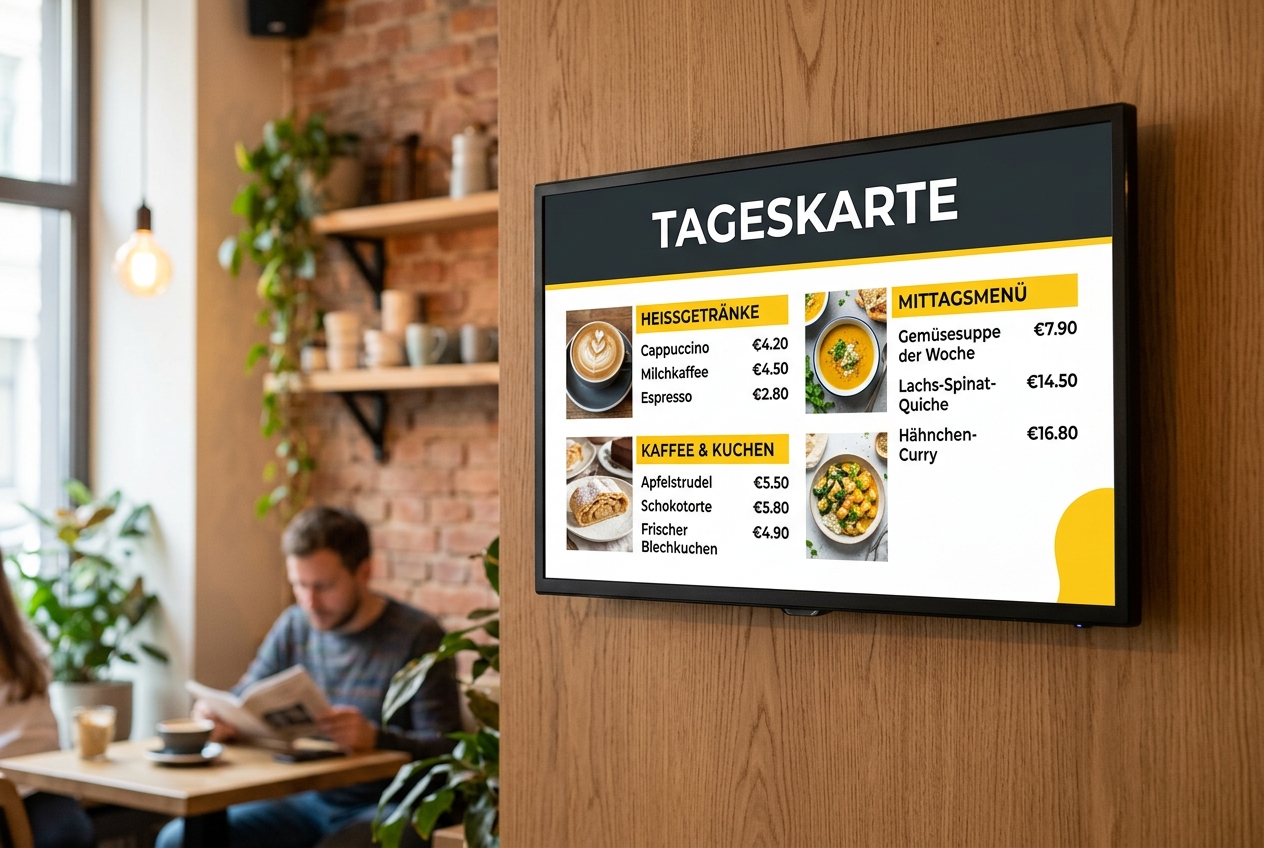 Bildschirm im Gastraum mit Tageskarte