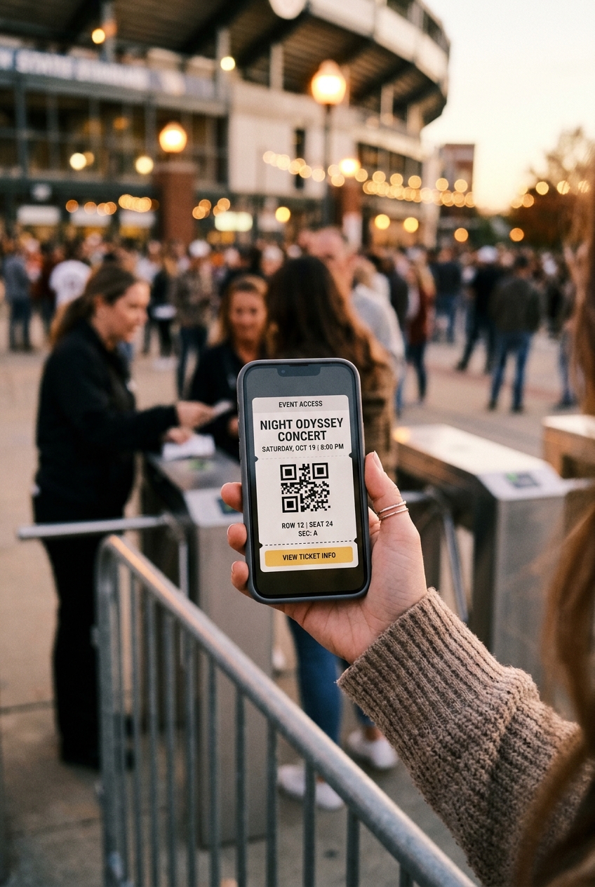 Digitales Ticket mit QR-Code auf dem Smartphone am Veranstaltungseingang