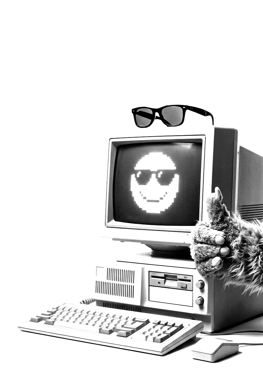 Alter Computer mit Sonnenbrille zeigt Daumen hoch