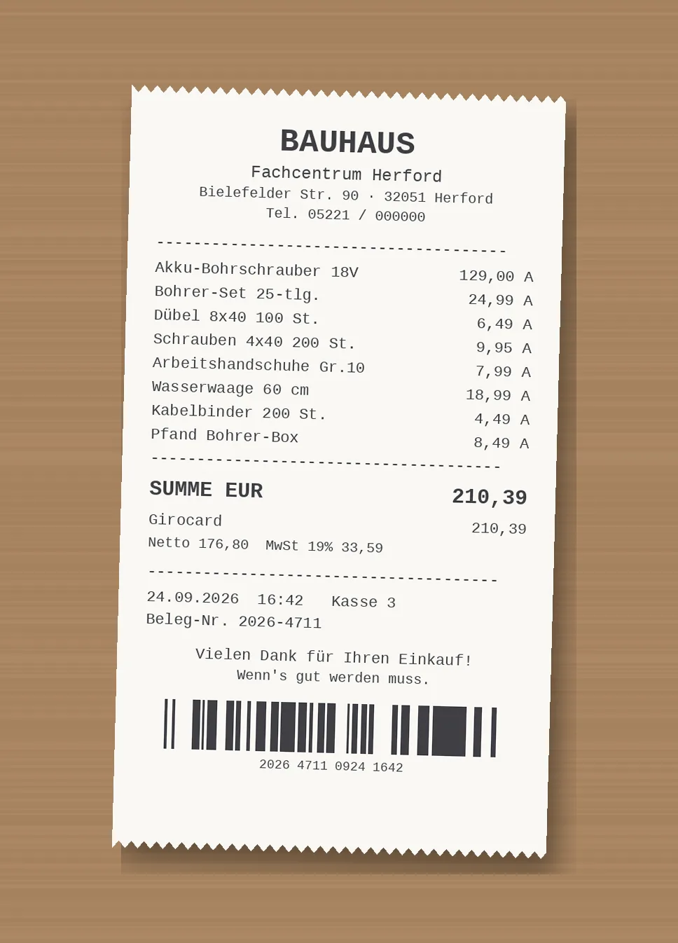 Foto eines Kassenbons von BAUHAUS Herford, 210,39 EUR