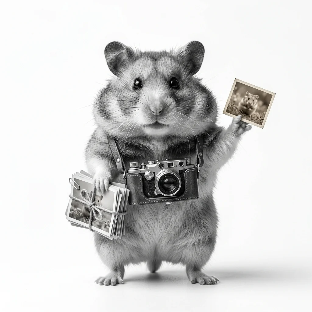 Hamster mit Fotokamera und einem Stapel Fotos