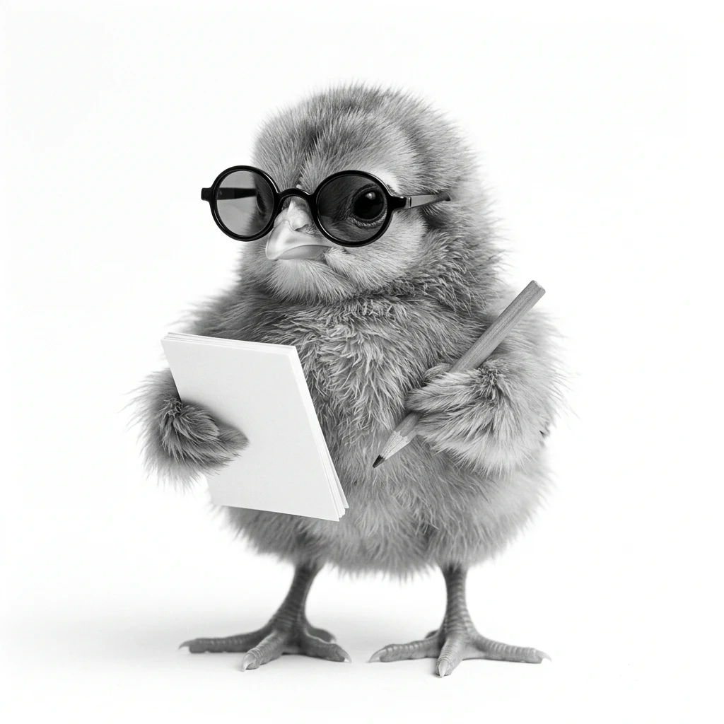 Flauschiges Küken mit Sonnenbrille, Notizzettel und Stift schreibt mit