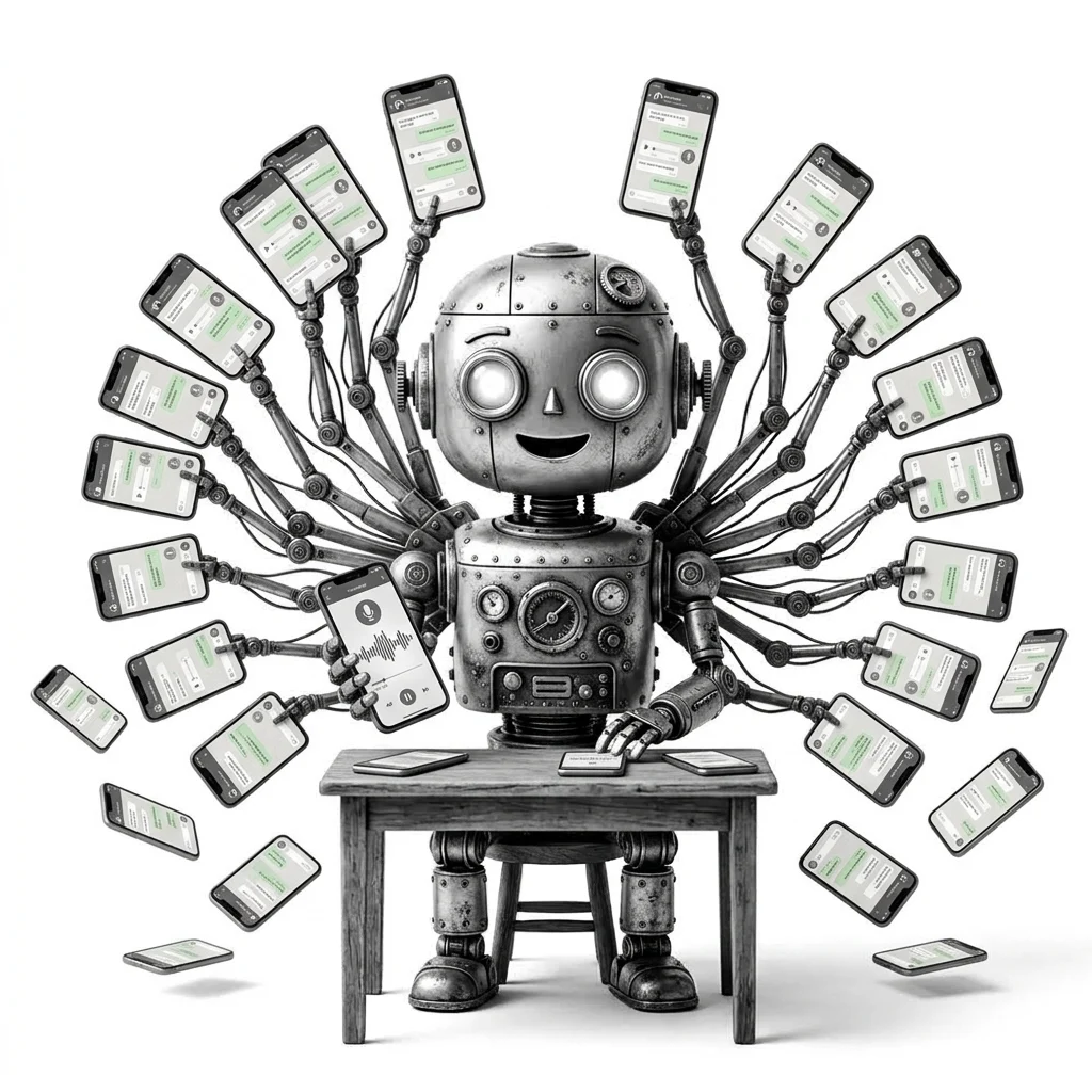 Robbie, der kleine Roboter mit vielen Armen voller WhatsApp-Handys