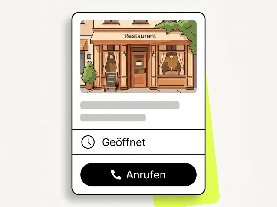Kleiner Unternehmenseintrag mit Foto, Öffnungszeiten und Anrufen-Schaltfläche