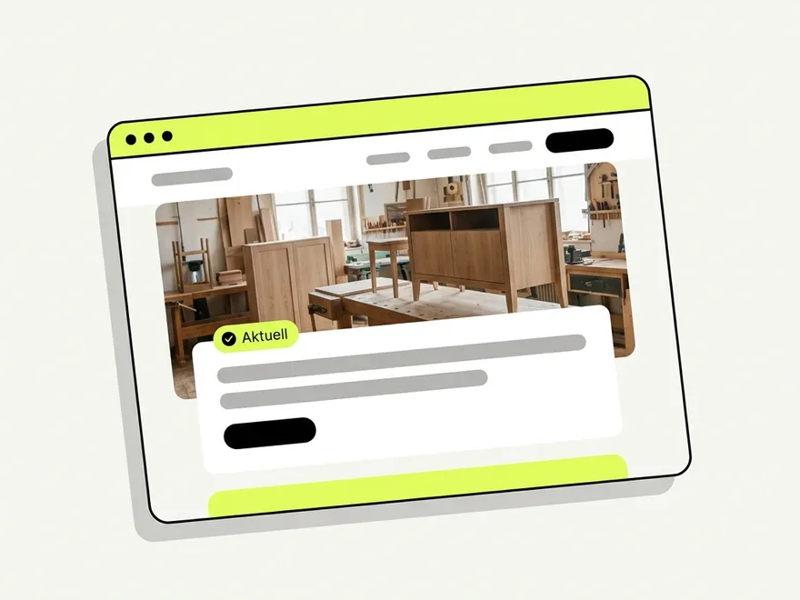 Browserfenster mit der Website eines Handwerksbetriebs und Hinweis „Aktuell“