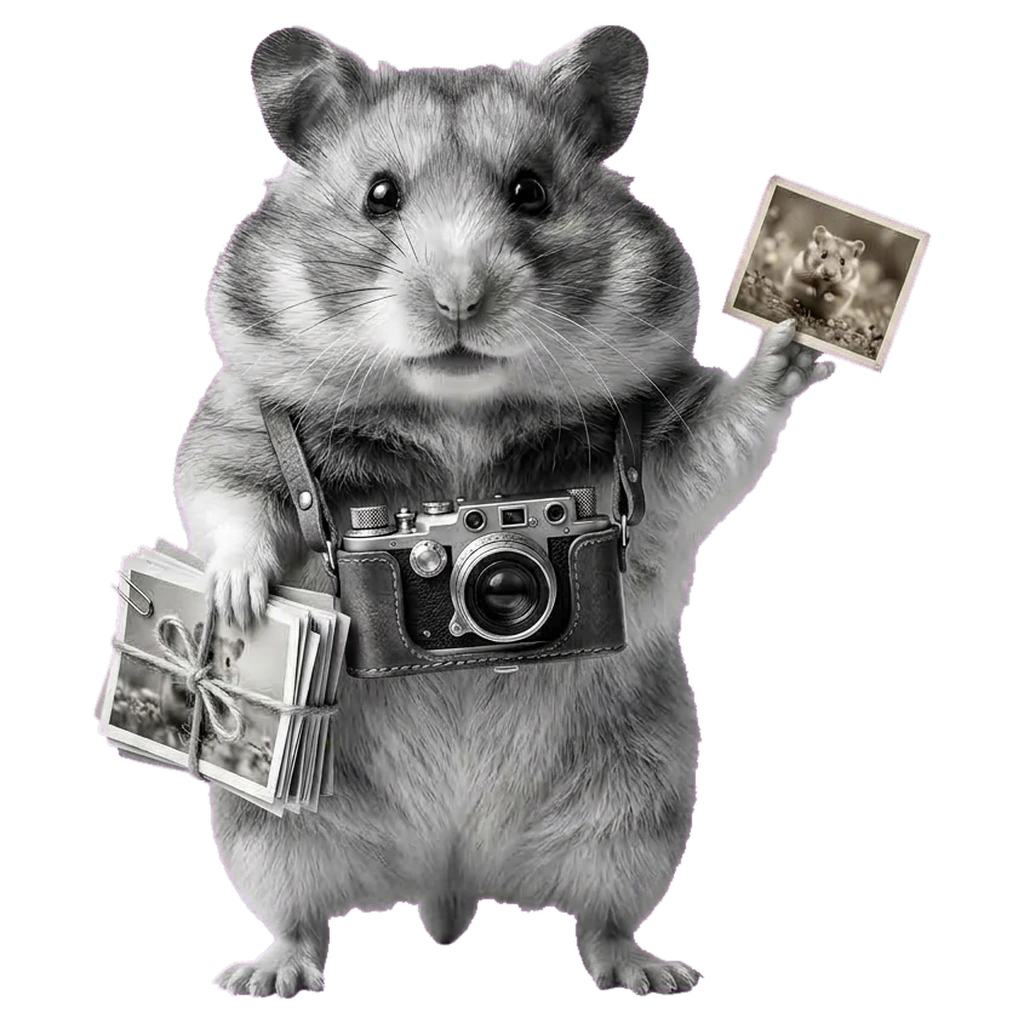 Hamster mit Fotokamera und Fotos