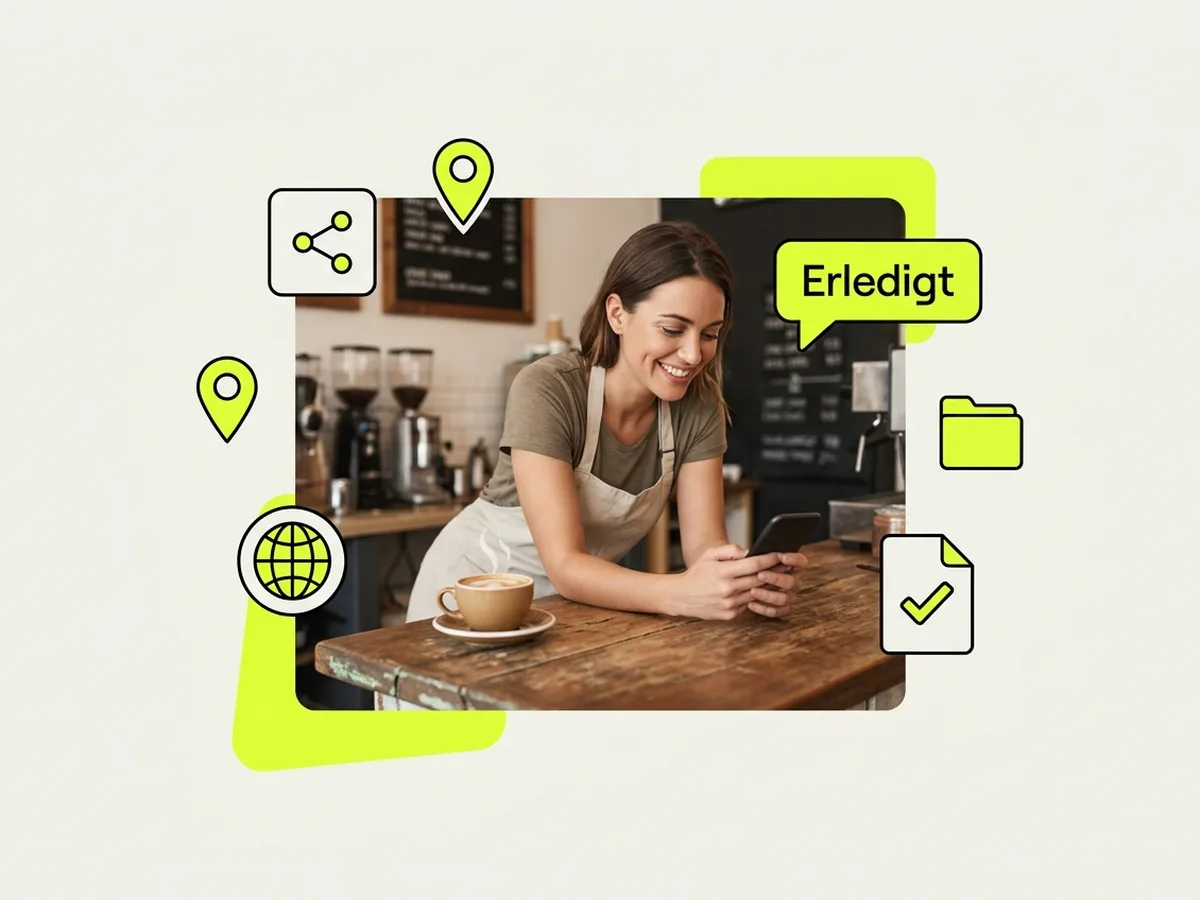 Beispiel: Entspannte Café-Inhaberin mit Smartphone – Social, Google, Website, Cloud und Büro erledigt