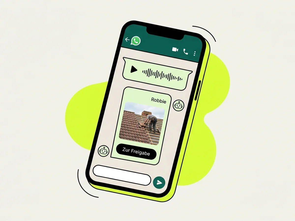 Beispiel: WhatsApp-Chat mit Robbie – Sprachnachricht rein, vorbereiteter Beitrag mit „Zur Freigabe“ zurück