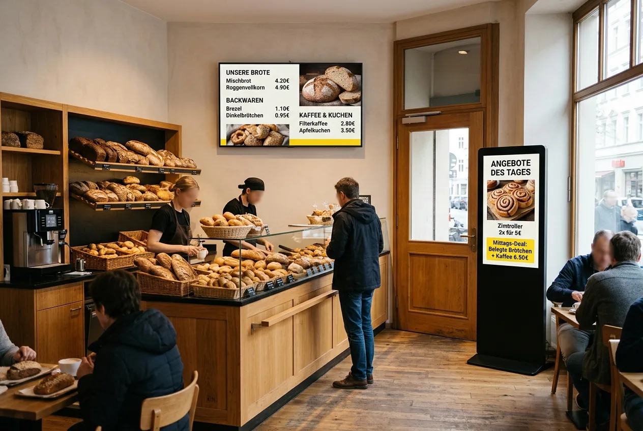 Beispiel: Bildschirm über der Theke und Stele im Eingang einer Bäckerei, bespielt aus DIMEDIAL