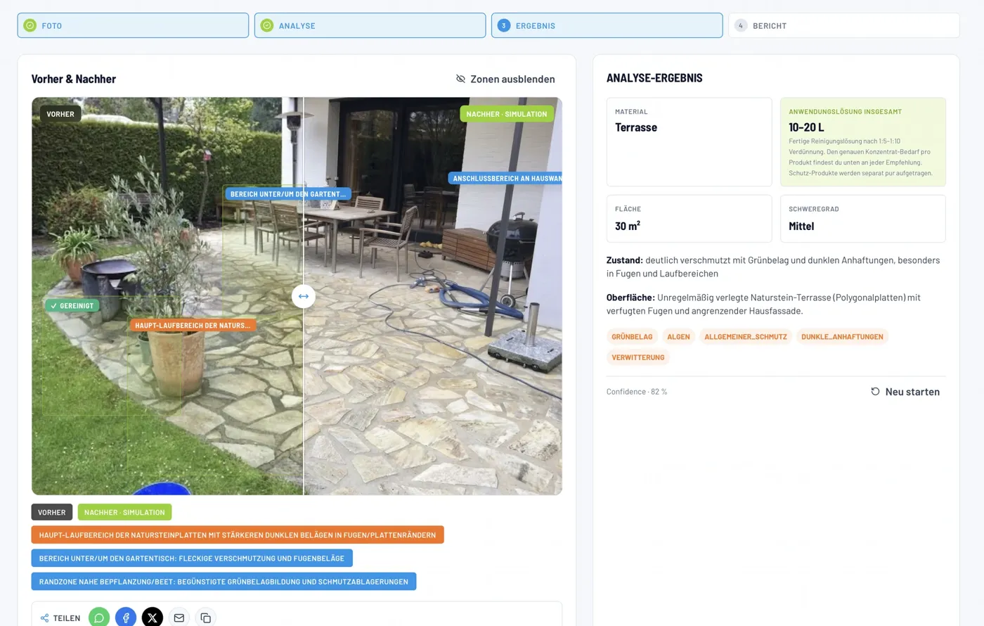 aquatec Reinigungs-Roboter – Vorher/Nachher-Analyse einer Terrasse mit Mengenberechnung
