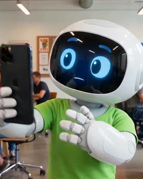 Szene aus dem Video: Robbie hält ein Handy mit fertigem Beitrag